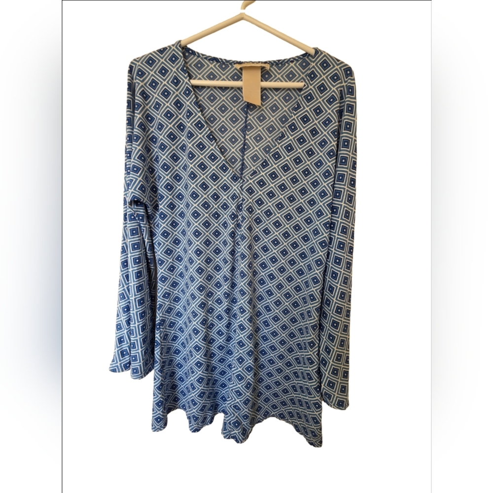 Michael by Michael Kors Blue Geometric Print Tunic with Bell Sleeves Size M